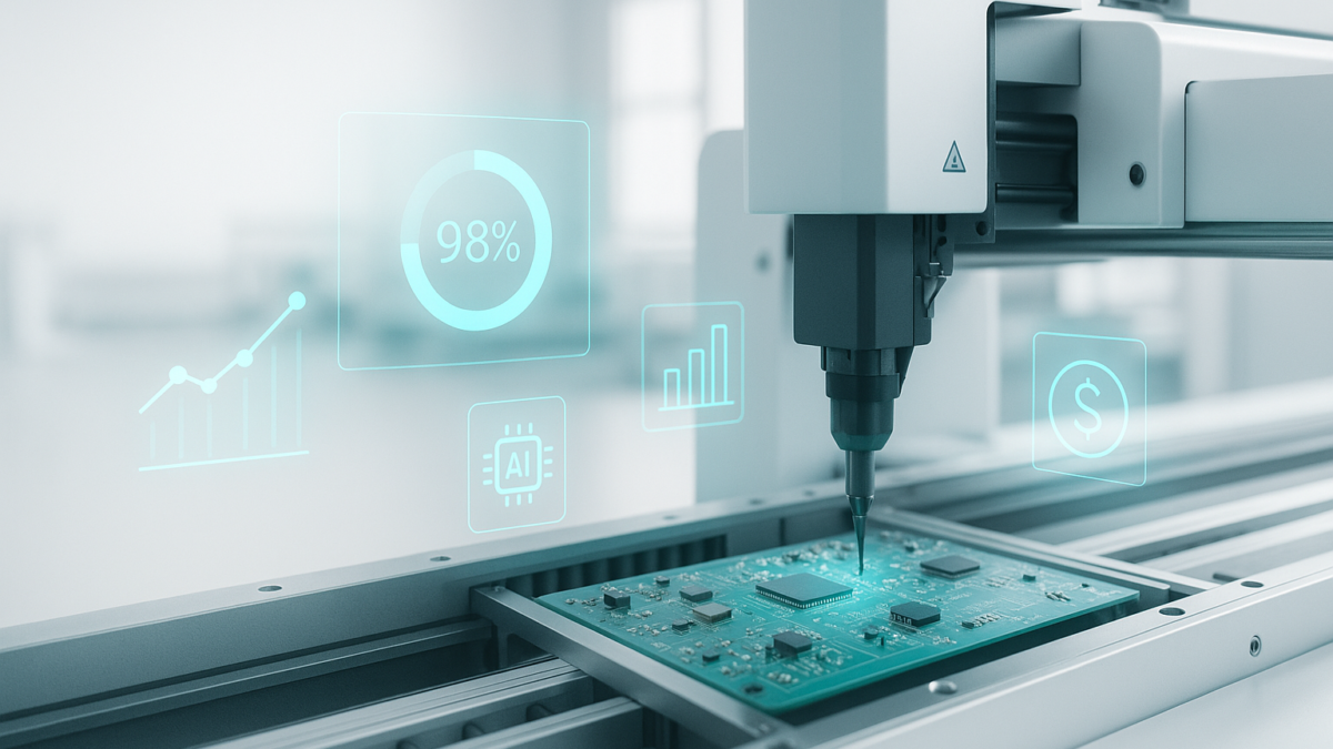 Factory dashboard showing AI-driven production analytics, charts, and quality metrics visualizing manufacturing ROI performance improvements.