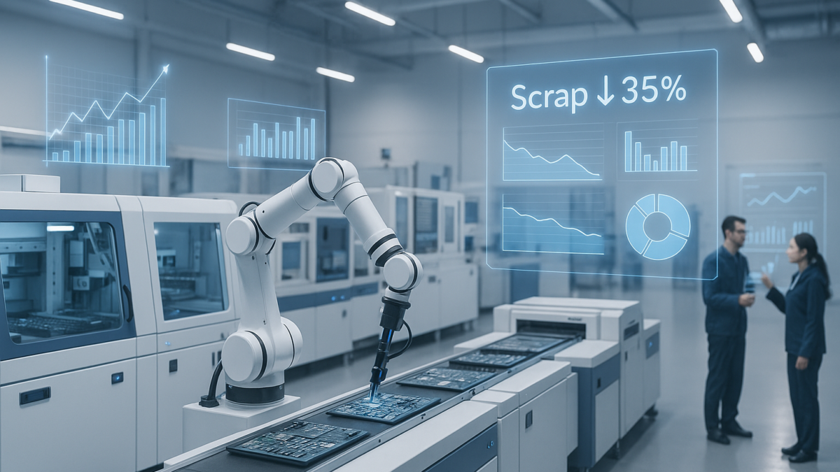 Modern electronics factory using AI-powered predictive analytics to reduce scrap rate and improve production quality, with engineers analyzing real-time data dashboards.