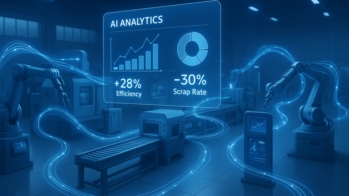 Smart factory using AI-driven analytics platform to connect data, optimize performance, and boost ROI with real-time manufacturing insights.