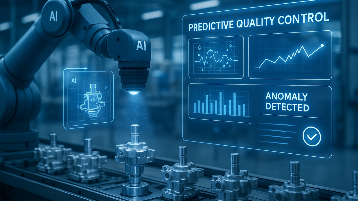 AI-powered predictive quality control system analyzing production data to detect and prevent defects in a smart manufacturing line.